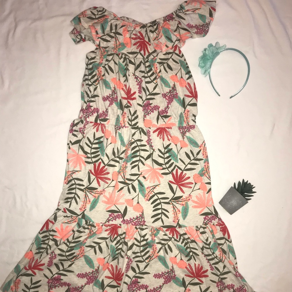 Girls tropical off shoulder dress & headband